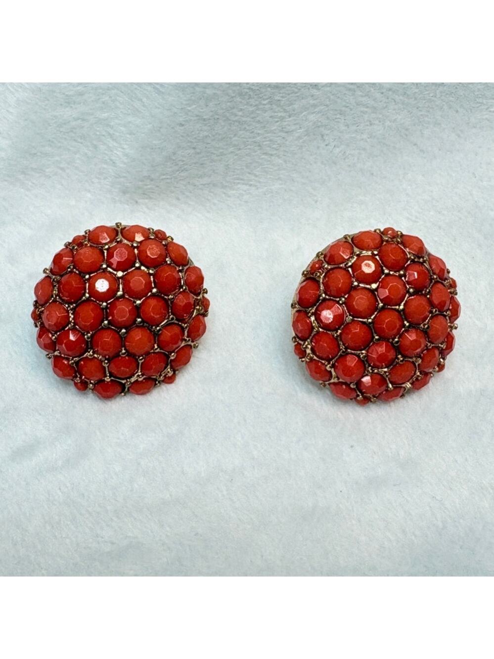 Vintage 1970s Red Acrylic Dome Earrings • Gold‑Tone Cast Setting • Post Style